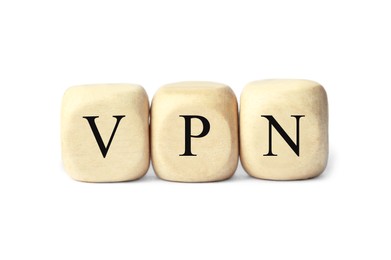 Photo of Wooden beads with acronym VPN on white background