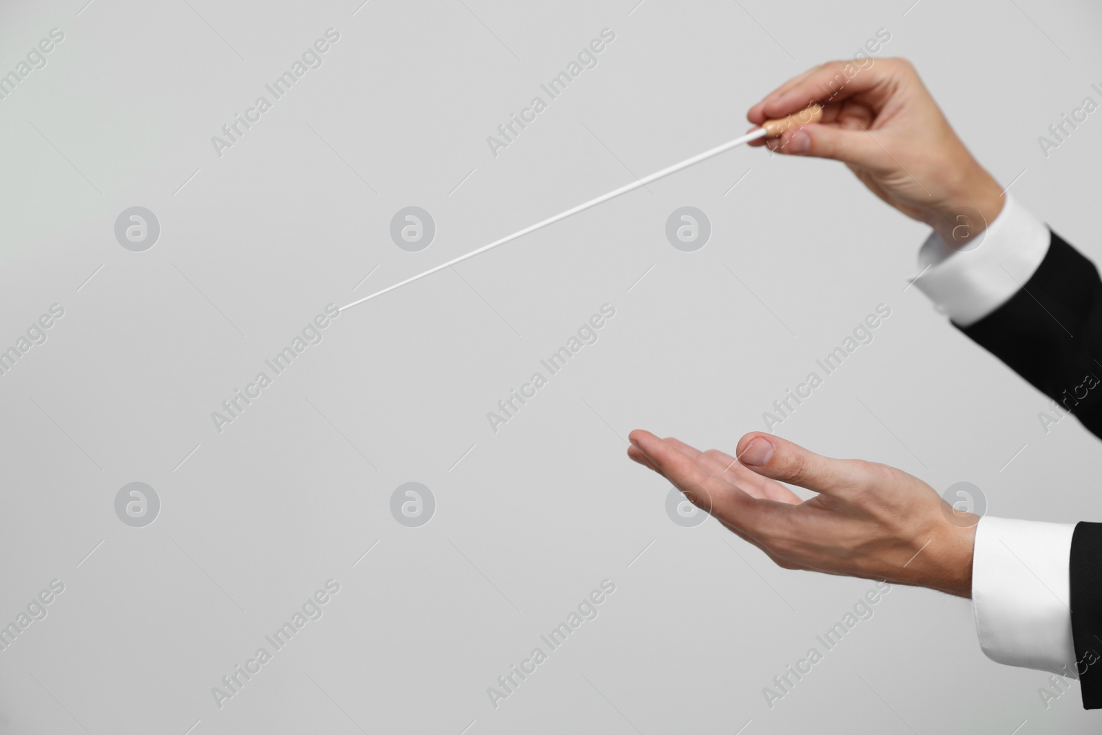 Photo of Professional conductor with baton on light grey background, closeup. Space for text