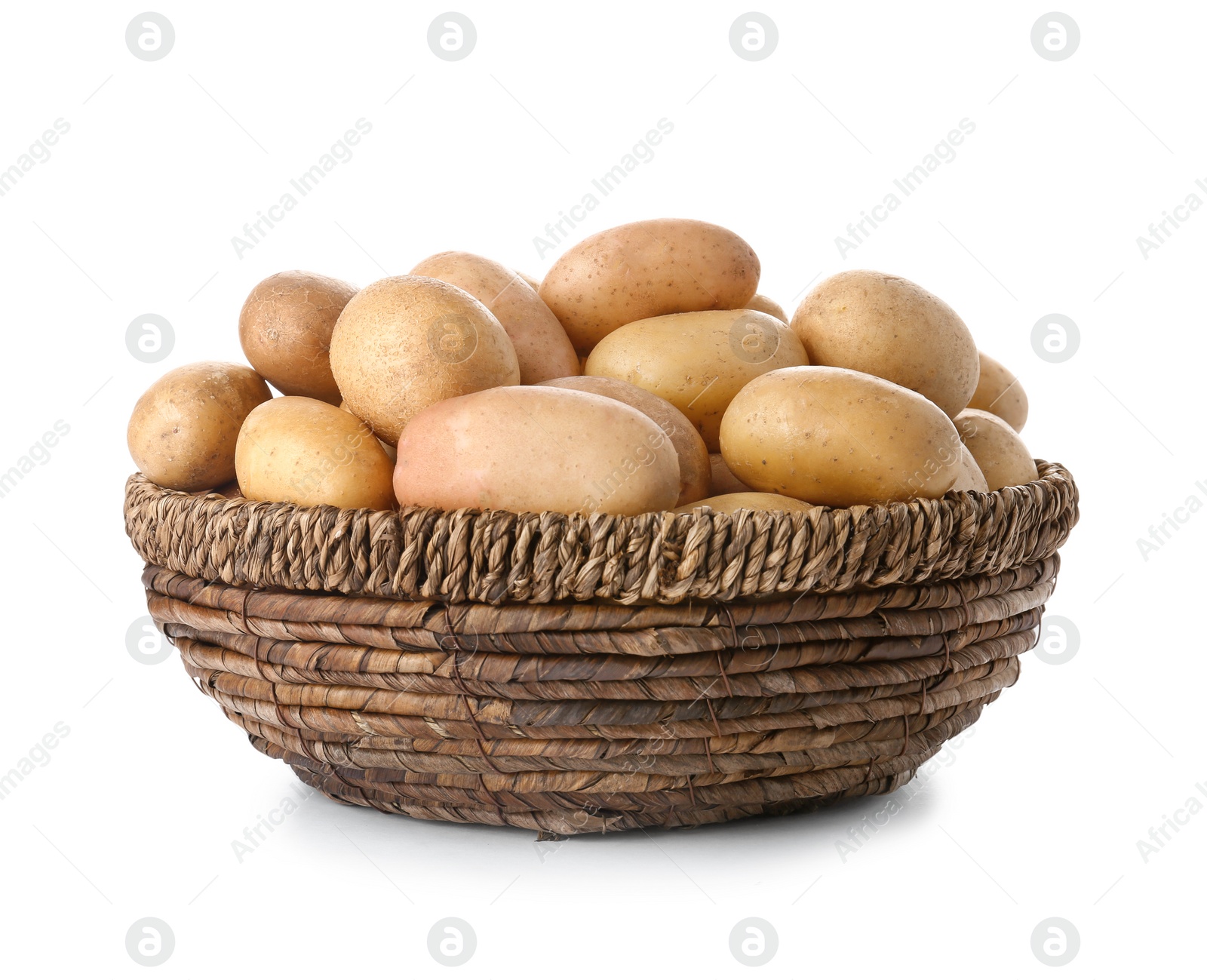 Photo of Bowl with fresh ripe organic potatoes on white background