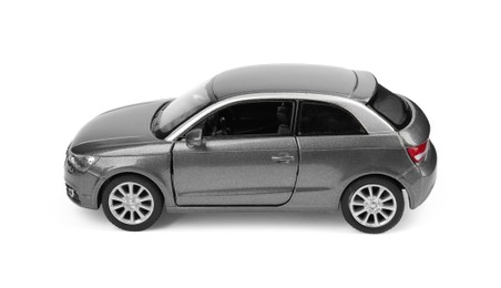 Photo of Grey car isolated on white. Children's toy