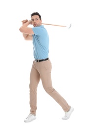 Full length portrait of man with golf club isolated on white