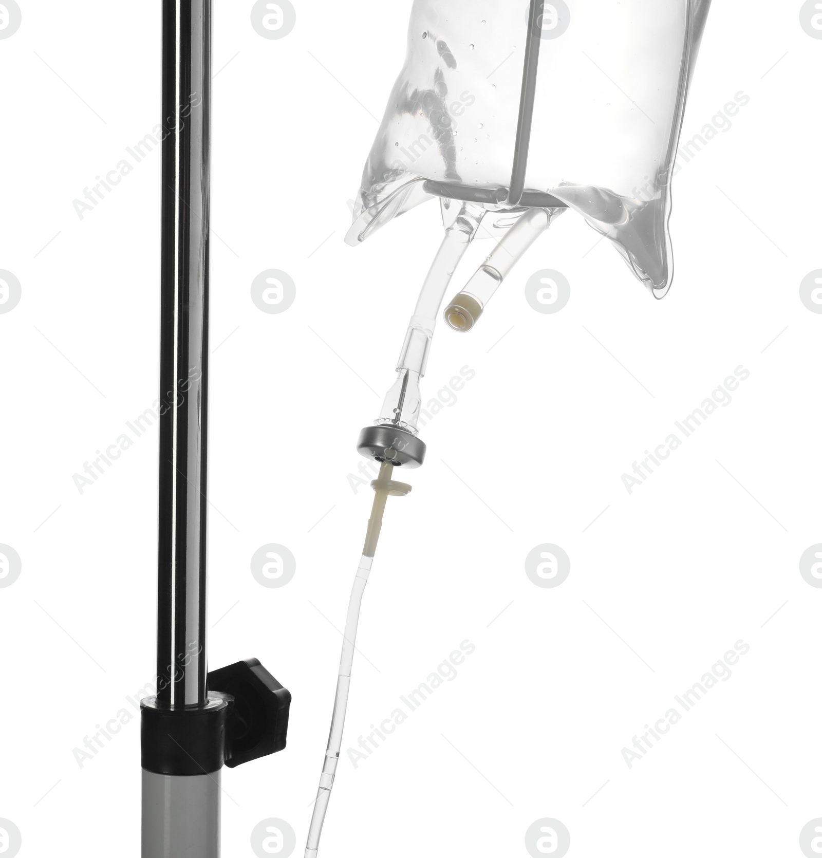 Photo of IV infusion set on pole against white background