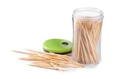 Holder with wooden toothpicks on white background