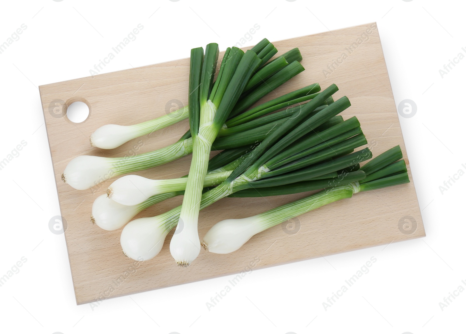 Photo of Whole green spring onions isolated on white, top view