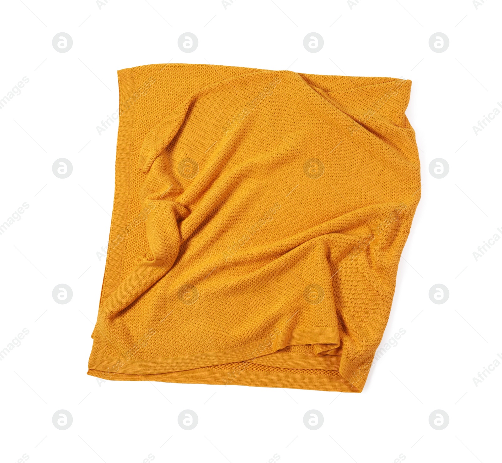 Photo of Beautiful yellow knitted blanket isolated on white, top view