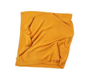 Beautiful yellow knitted blanket isolated on white, top view