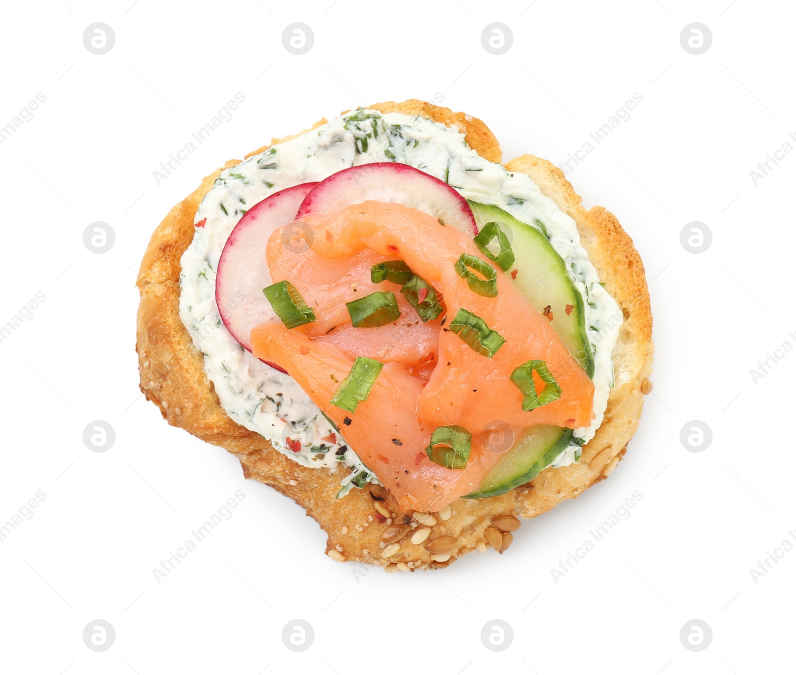 Photo of Tasty canape with salmon, cucumber, radish and cream cheese isolated on white, top view