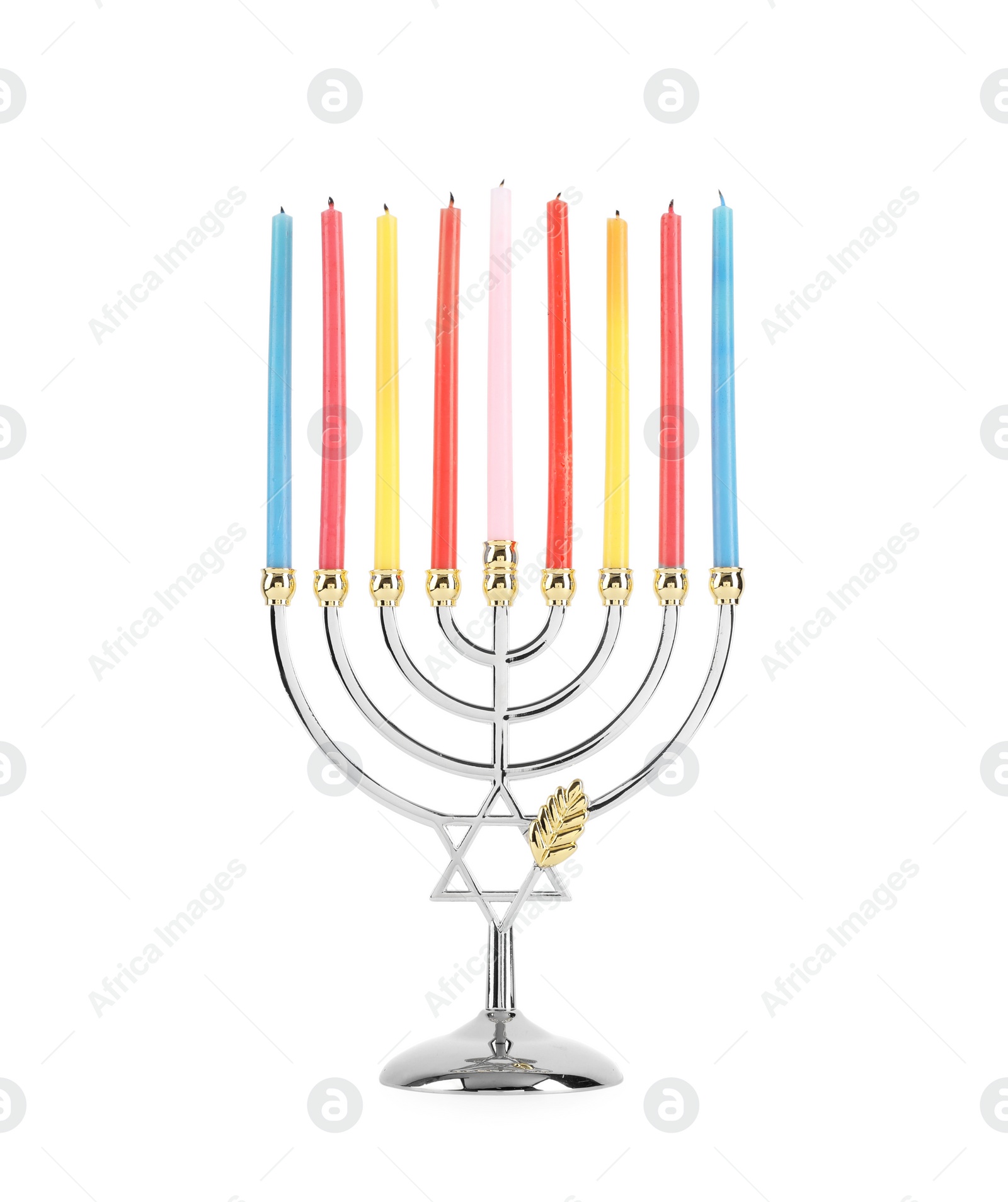 Photo of Menorah with burning candles isolated on white. Hanukkah symbol