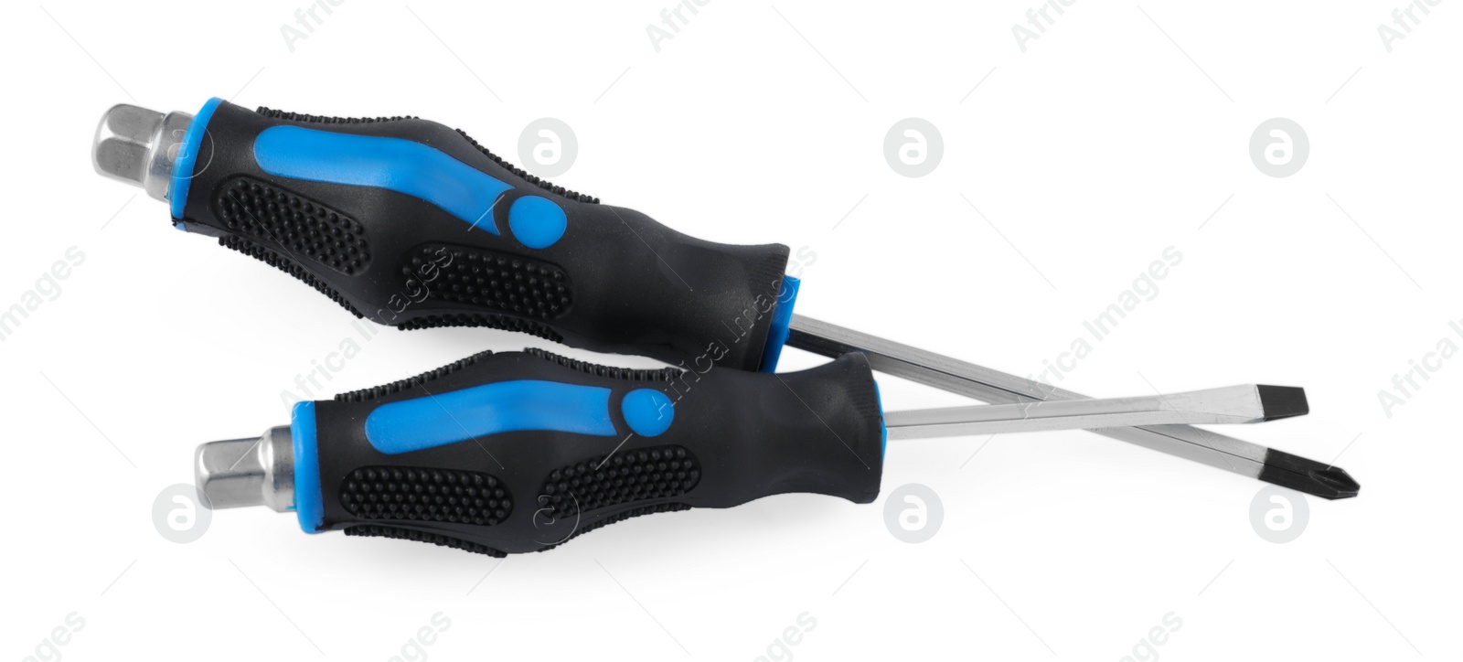 Photo of Two screwdrivers with blue handles isolated on white