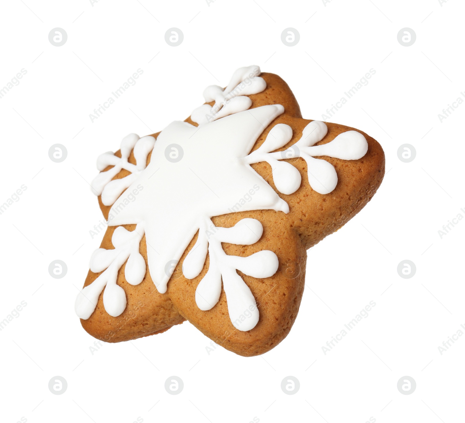 Photo of Tasty star shaped Christmas cookie with icing isolated on white