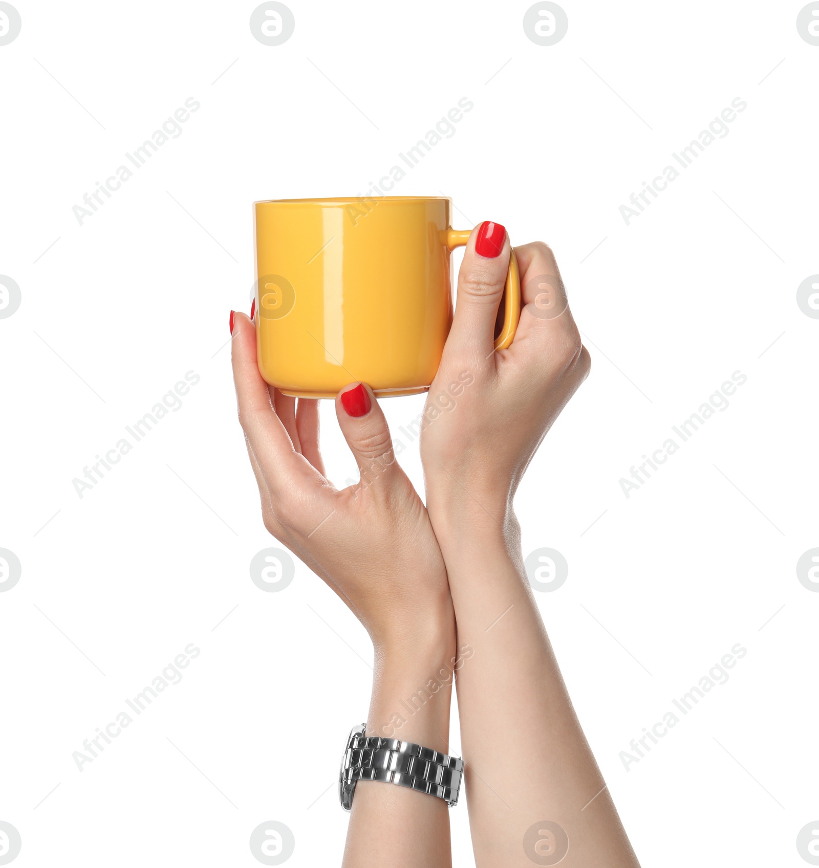 Photo of Woman holding yellow cup on white background, closeup