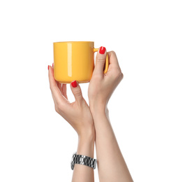 Woman holding yellow cup on white background, closeup