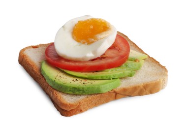 Photo of Delicious sandwich with boiled egg, pieces of avocado and tomato slice isolated on white