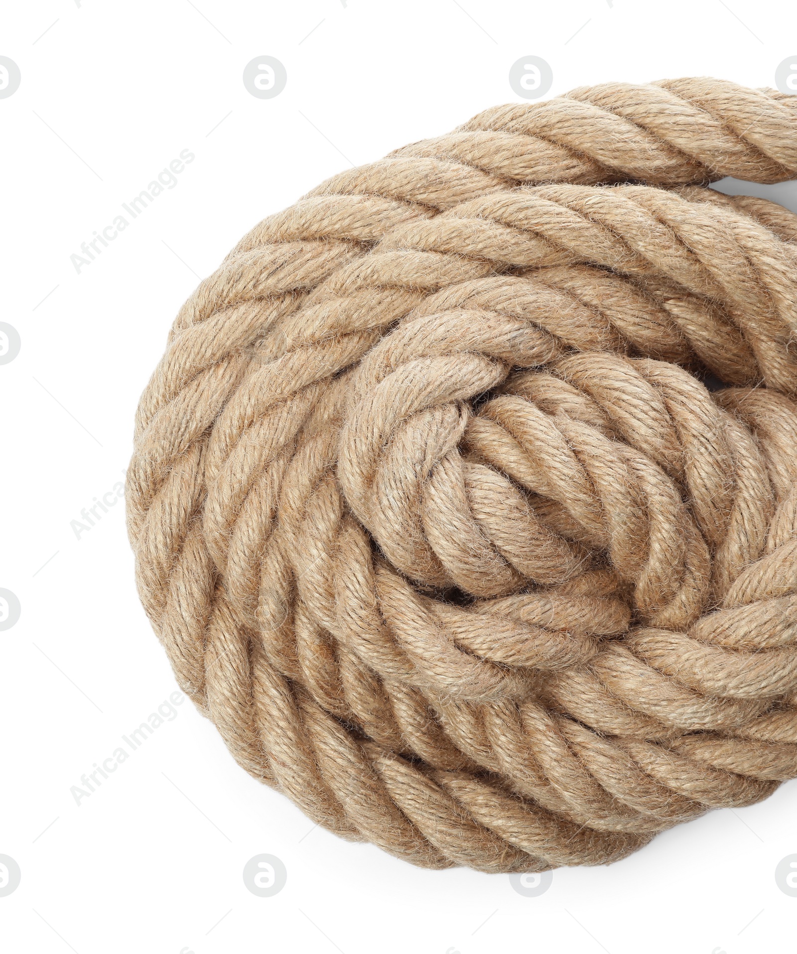 Photo of Bundle of hemp rope isolated on white, top view