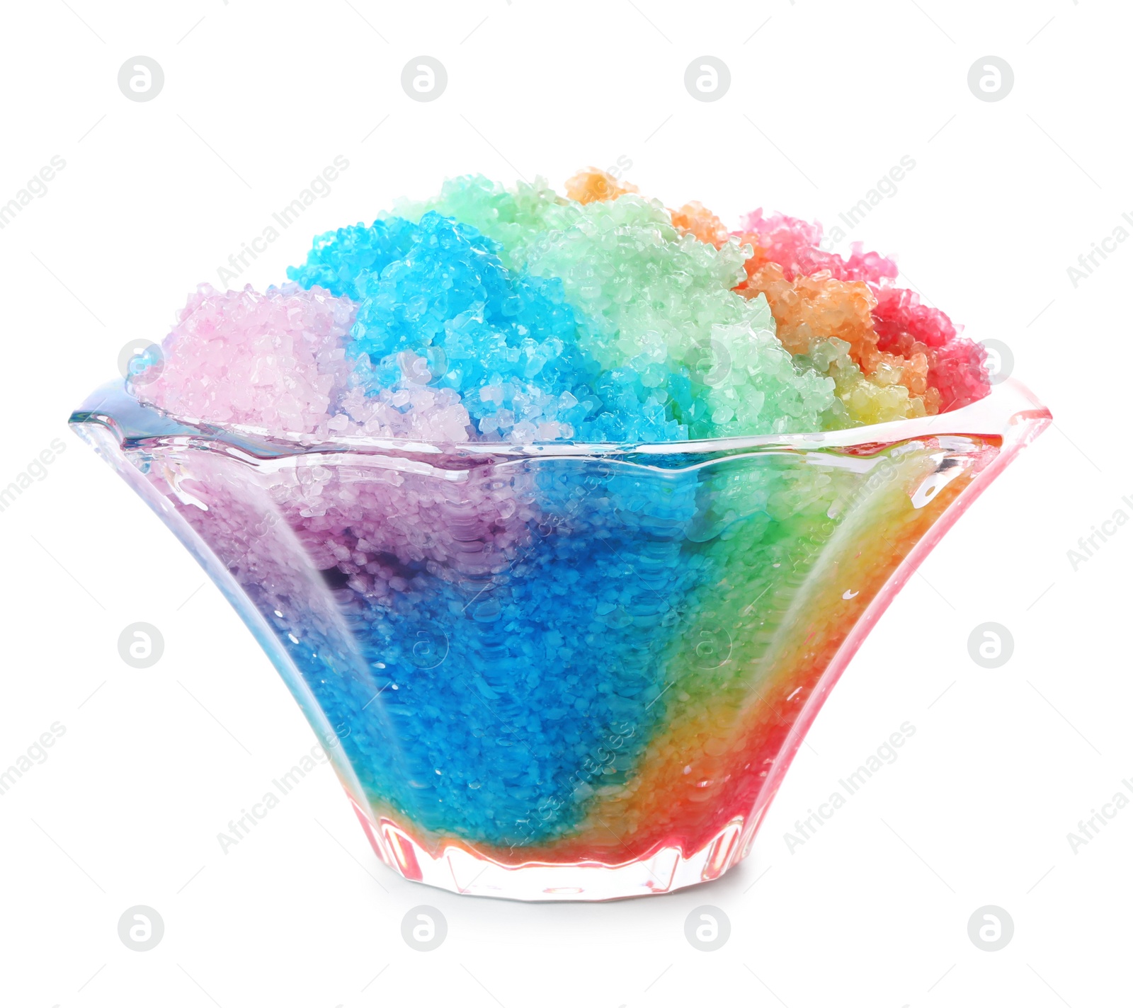 Photo of Rainbow shaving ice in glass dessert bowl isolated on white