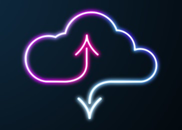 Illustration of Web hosting service. Glowing neon cloud with arrows illustration on dark background