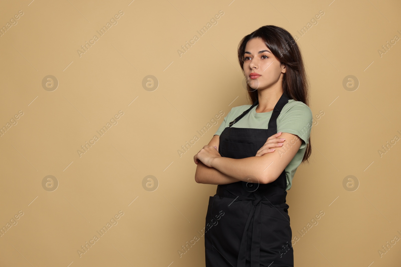Photo of Portrait of professional hairdresser in apron against pale orange background. Space for text