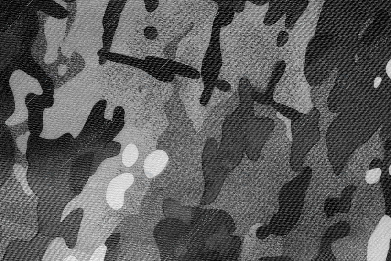 Image of Texture of camouflage fabric as background, top view. Black and white effect