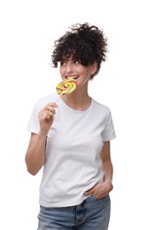 Beautiful woman with lollipop on white background