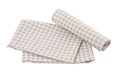 Photo of Two grey plaid napkins on white background