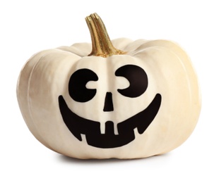 Photo of Halloween pumpkin with cute drawn face isolated on white