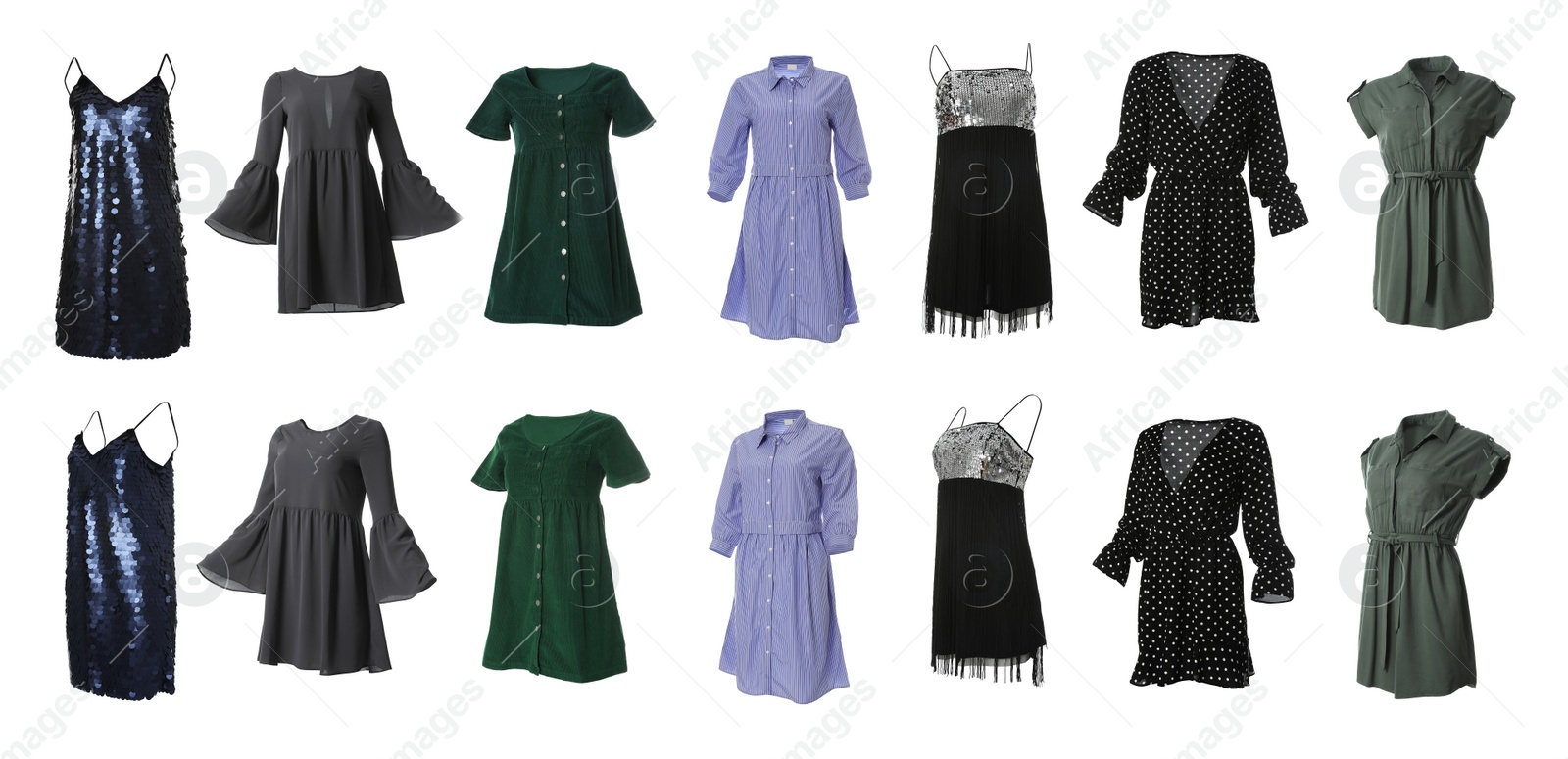 Image of Set of different stylish dresses on white background. Banner design