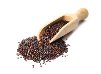 Pile of black quinoa and scoop on white background