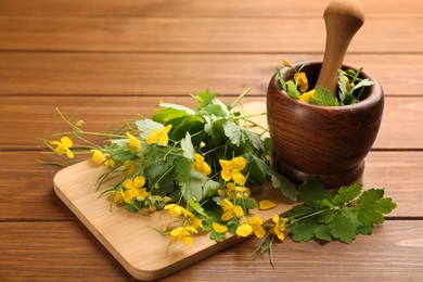 Photo of Celandine with board, mortar and pestle on wooden table