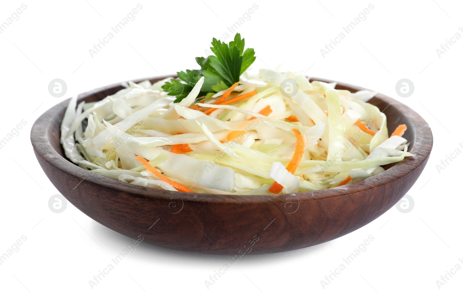 Photo of Fresh cabbage salad in bowl isolated on white