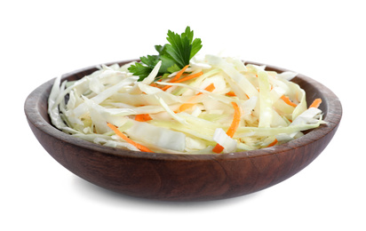 Photo of Fresh cabbage salad in bowl isolated on white
