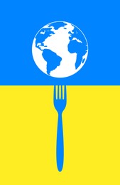 Image of Global food crisis concept. Globe of Earth and fork on background in colors on Ukrainian flag, illustration