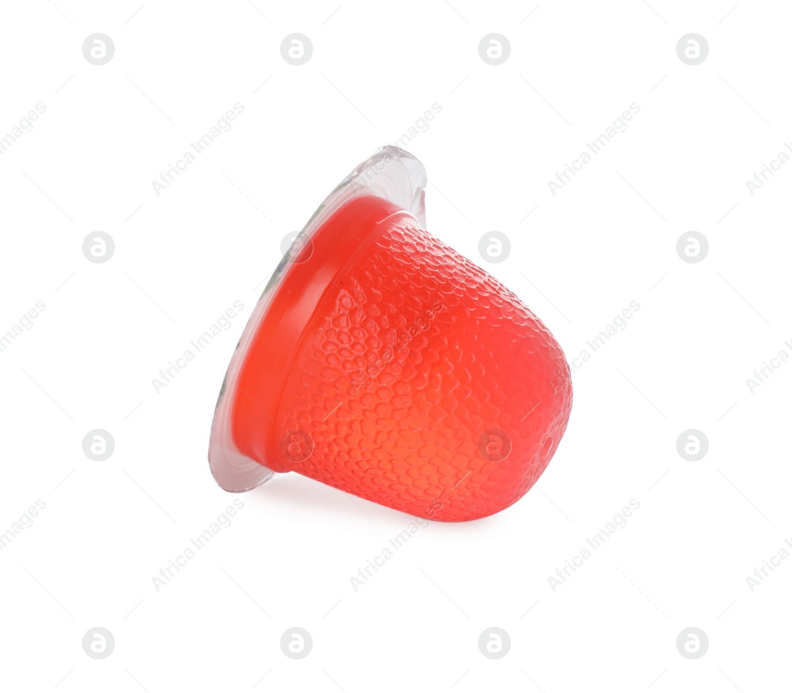 Photo of Delicious red jelly cup isolated on white