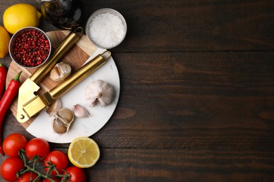 Photo of Different fresh ingredients for marinade and garlic press on wooden table, flat lay. Space for text