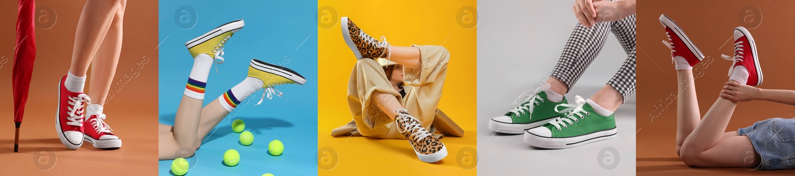 Image of Photos of women in stylish sneakers on different color backgrounds, collage design