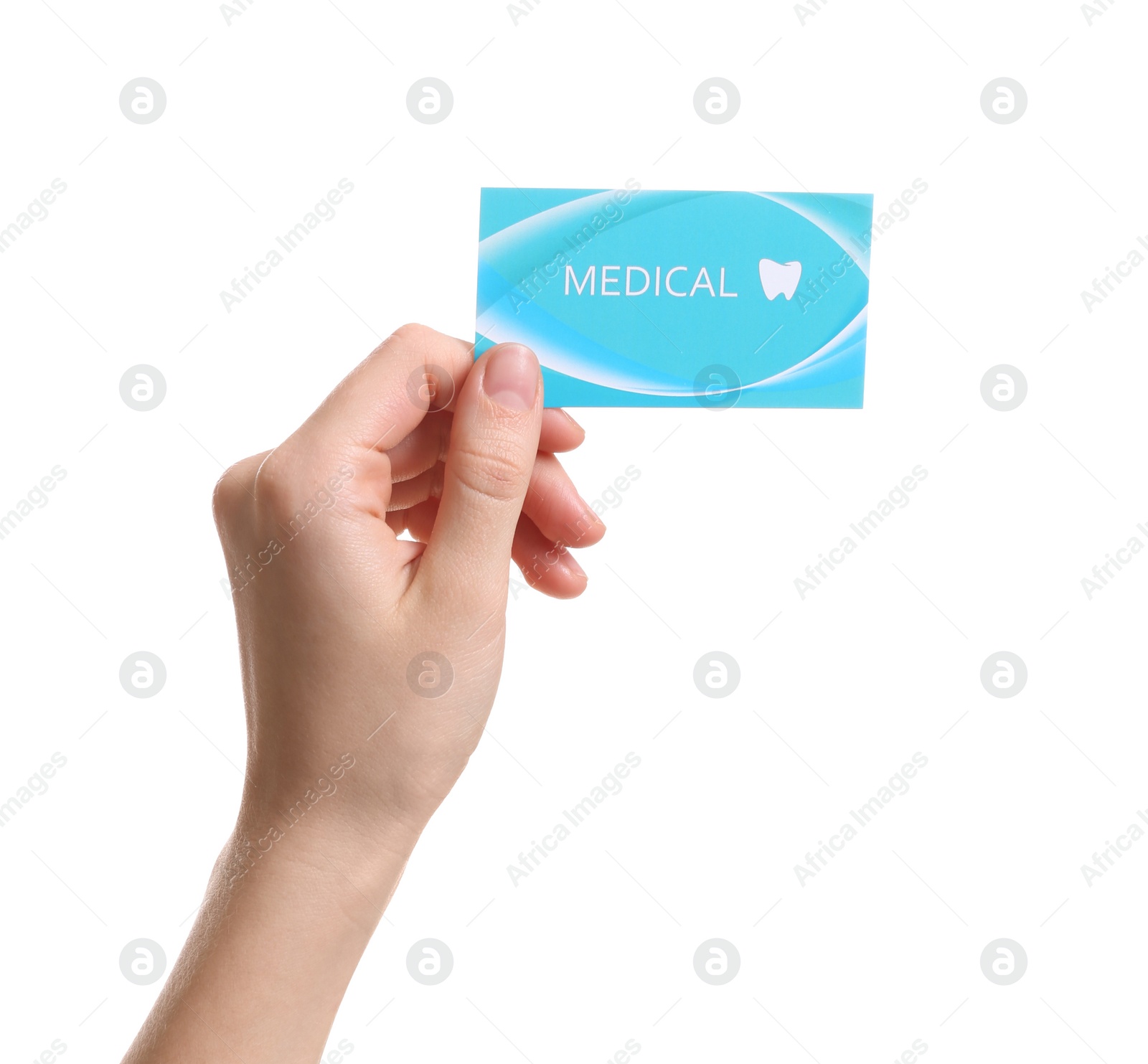 Photo of Woman holding business card isolated on white, closeup. Dental medical service