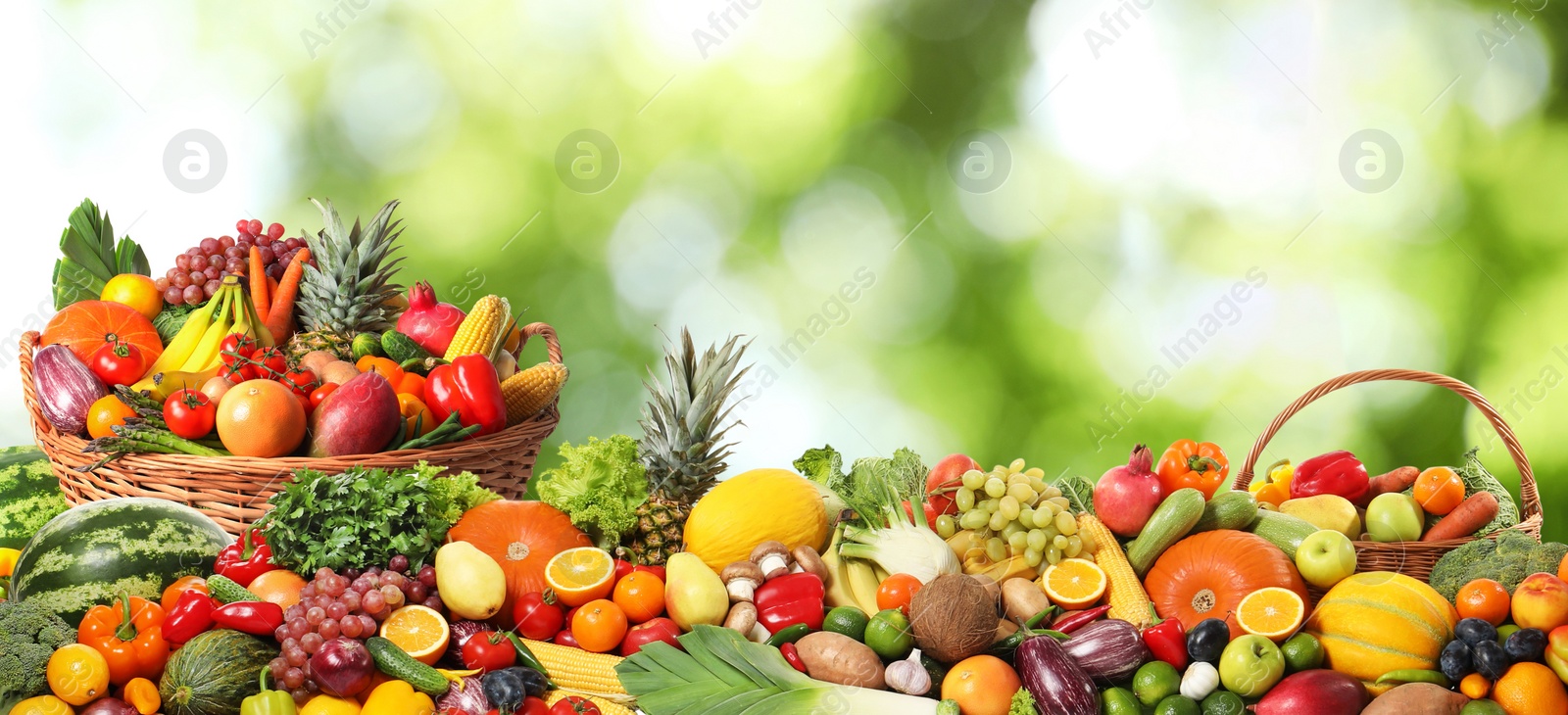 Image of Assortment of fresh organic vegetables and fruits on blurred green background 