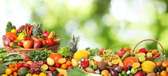 Image of Assortment of fresh organic vegetables and fruits on blurred green background 