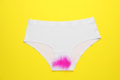 Photo of Woman's panties with pink feather on yellow background, top view. Menstrual cycle