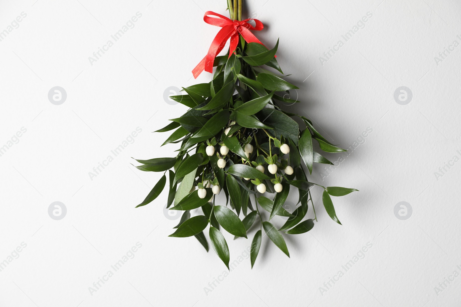 Photo of Mistletoe bunch with red bow hanging on white wall. Traditional Christmas decor