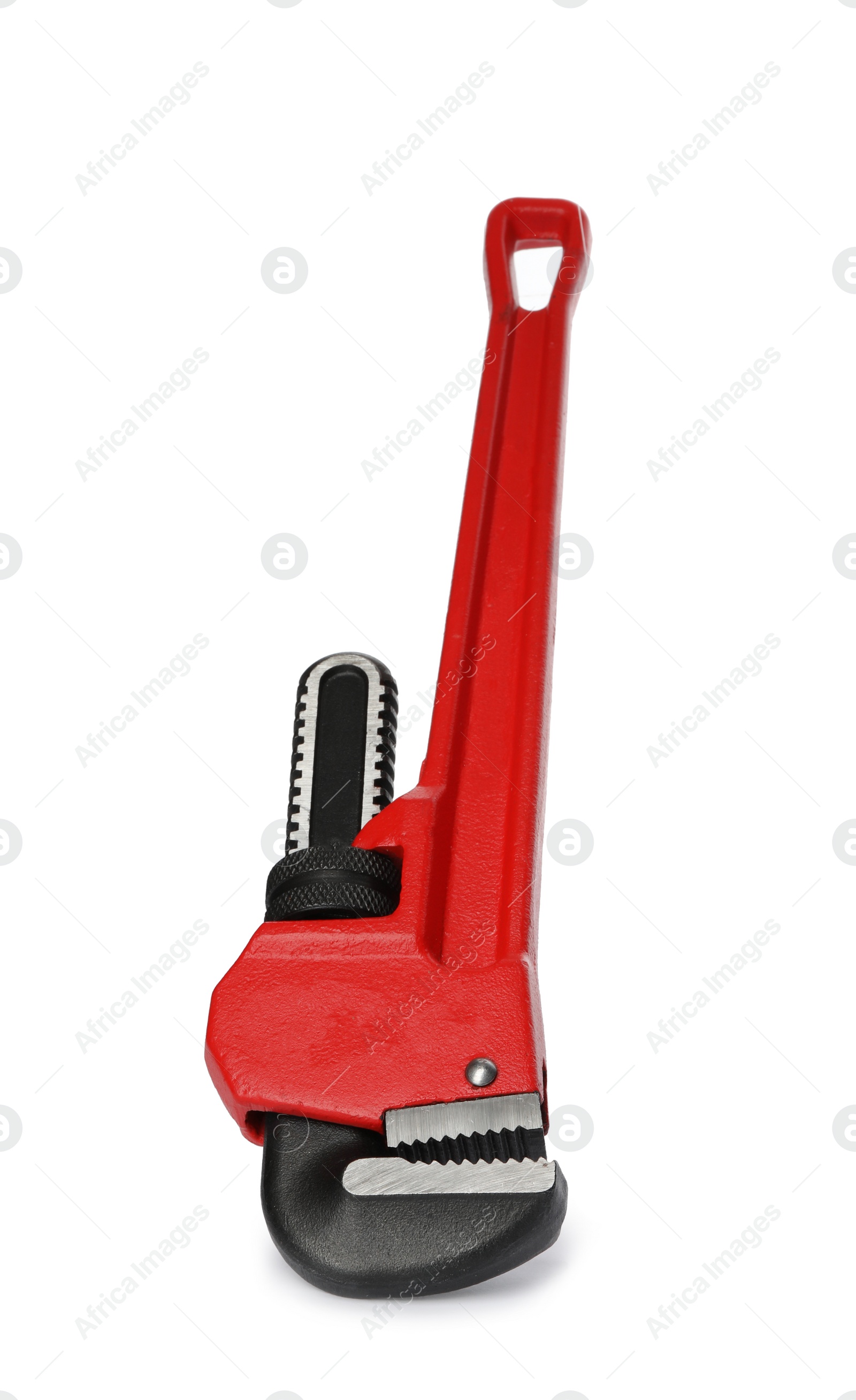 Photo of New pipe wrench on white background. Professional construction tool