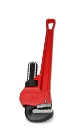 Photo of New pipe wrench on white background. Professional construction tool