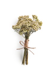 Bunch of dry yarrow flowers isolated on white, top view