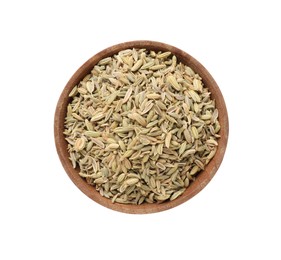 Photo of Dry fennel seeds in bowl isolated on white, top view