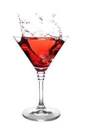 Photo of Glass of martini cocktail with splash on white background