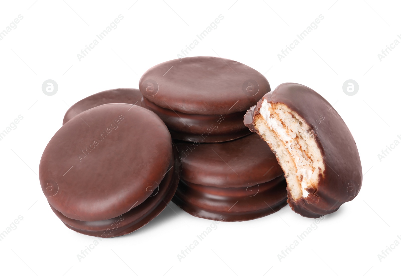 Photo of Delicious choco pies on white background. Classic snack cakes