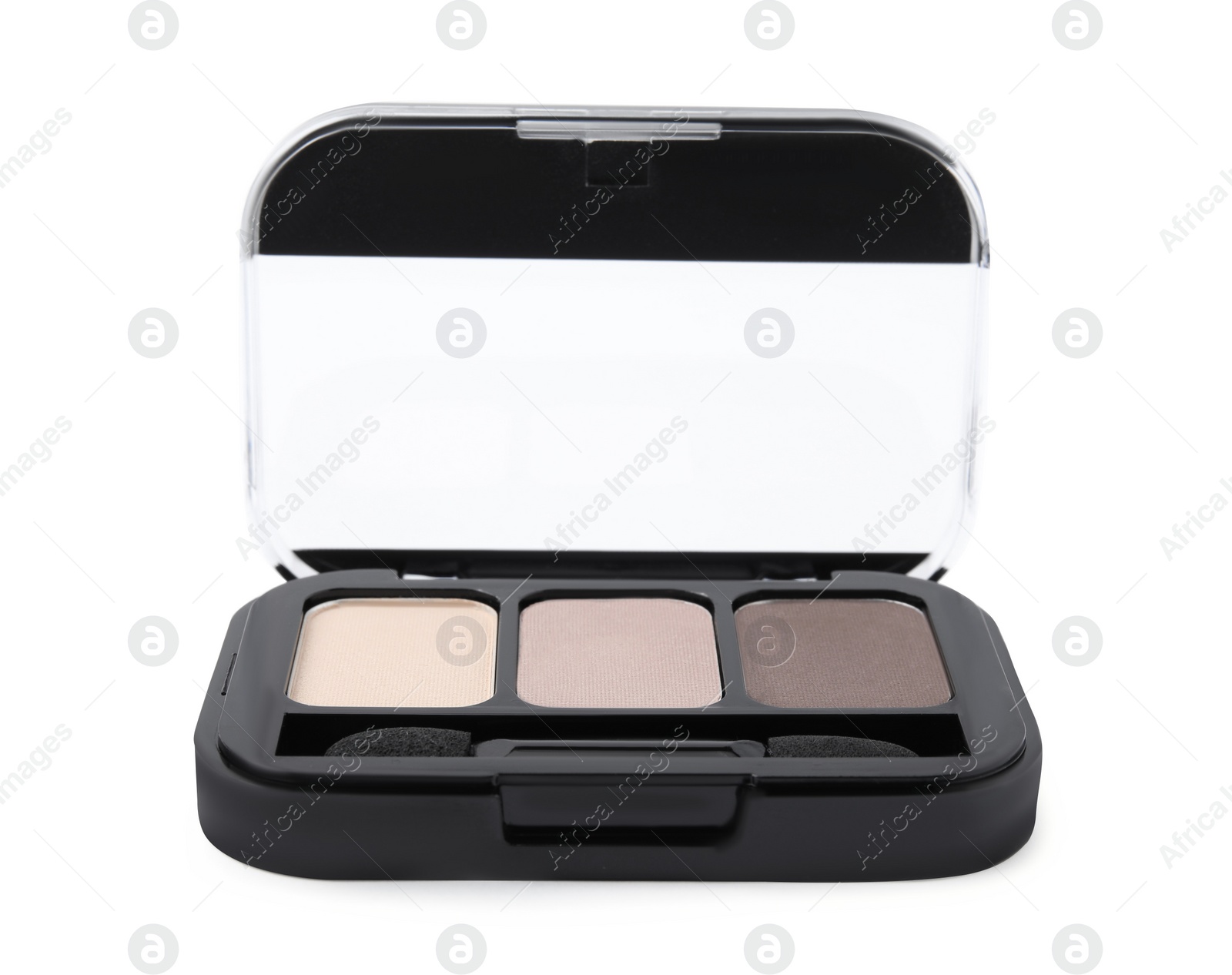 Photo of Beautiful eye shadow palette with brush isolated on white