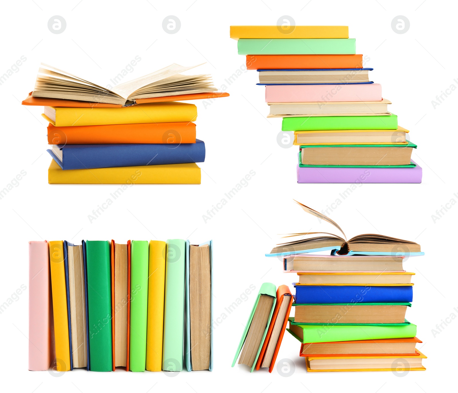 Image of Set of different bright hardcover books on white background