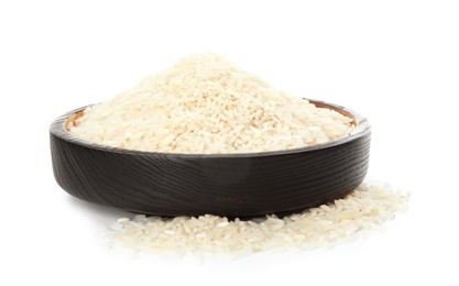 Photo of Plate with uncooked rice on white background