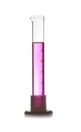 Graduated cylinder with sample isolated on white. Chemistry laboratory glassware