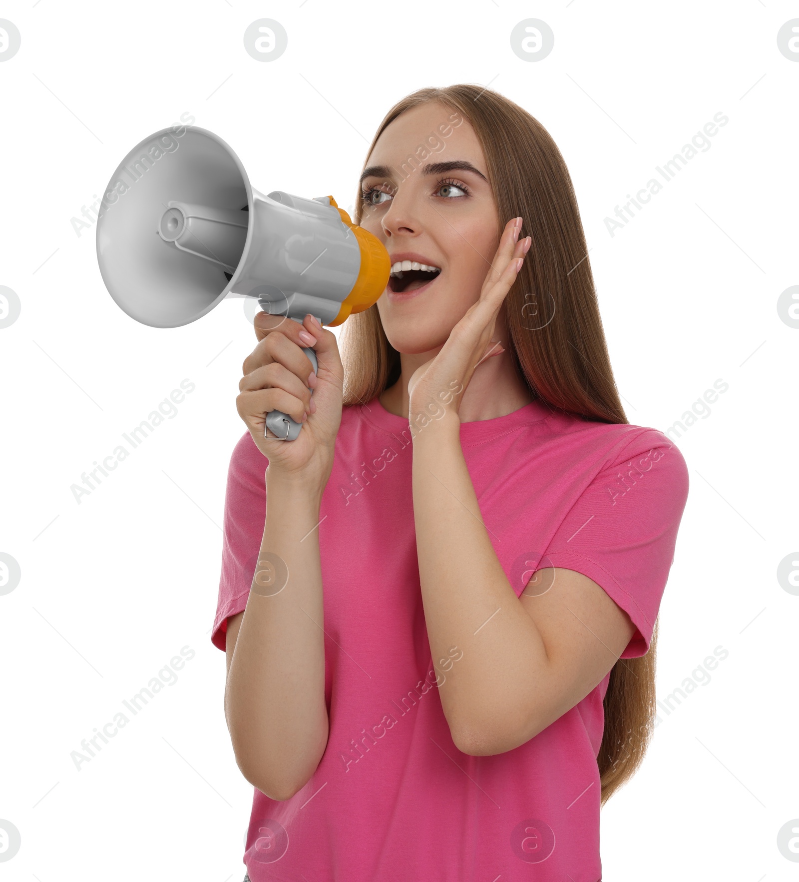 Photo of Special promotion. Young woman shouting in megaphone on white background